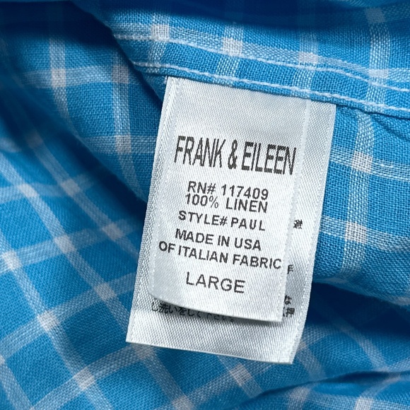 Frank & Eileen Paul Linen Check Blue White L/S Button Shirt Mens Large - Picture 10 of 11